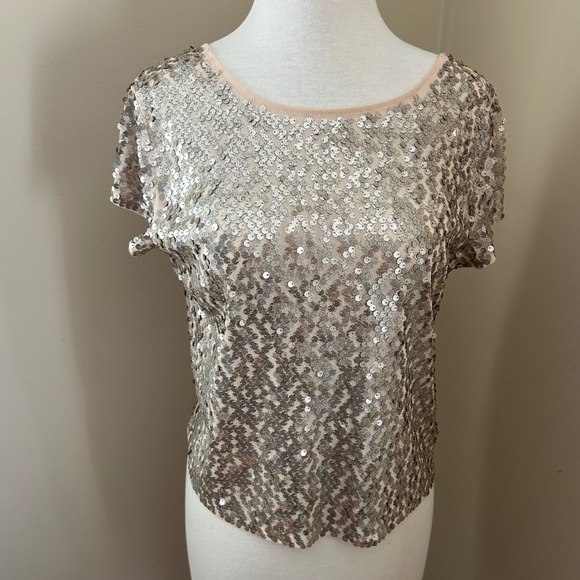 Express Sequin Mesh Top Women's Small Gold Blue Sheer Scoop Back Short Sleeve - Picture 1 of 8